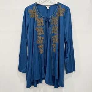 LOGO Lori Goldstein Blue Embroidered Long Cardigan Sweater Top Lightweight XL